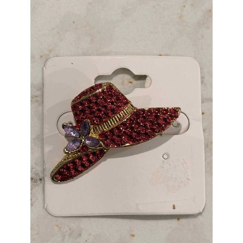 Vintage Red Society Hat Brooch Pin Purple Flower Gold Tone Sparkly Accessory